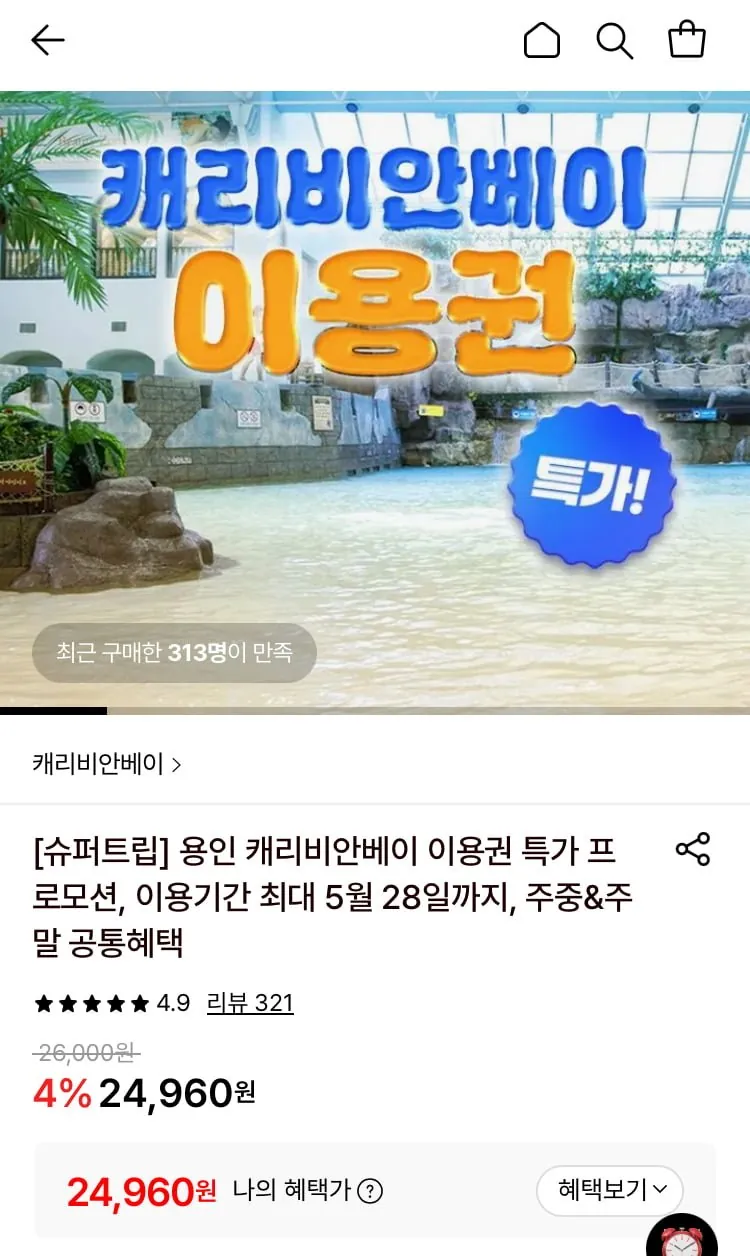 [롯데온] 캐리비안베이 로시즌 이용권 (24,960원/무료)