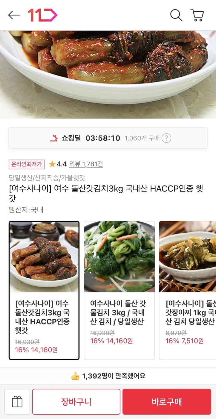 [11번가] 국내산 갓김치 3kg (14,160원/무배)