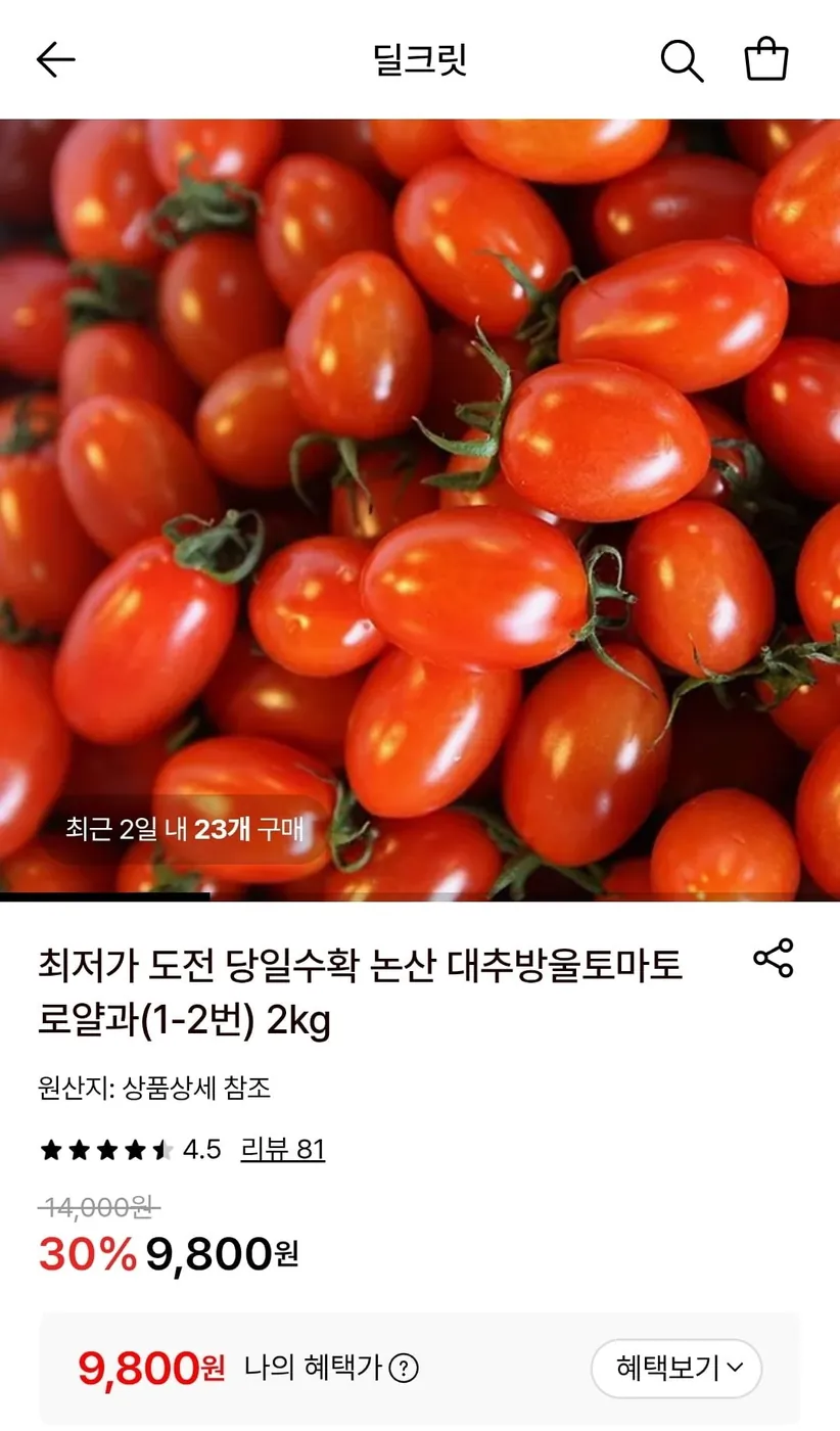 [롯데온] 대추방울토마토 대과(로얄과) 2kg (9,800원/무료)