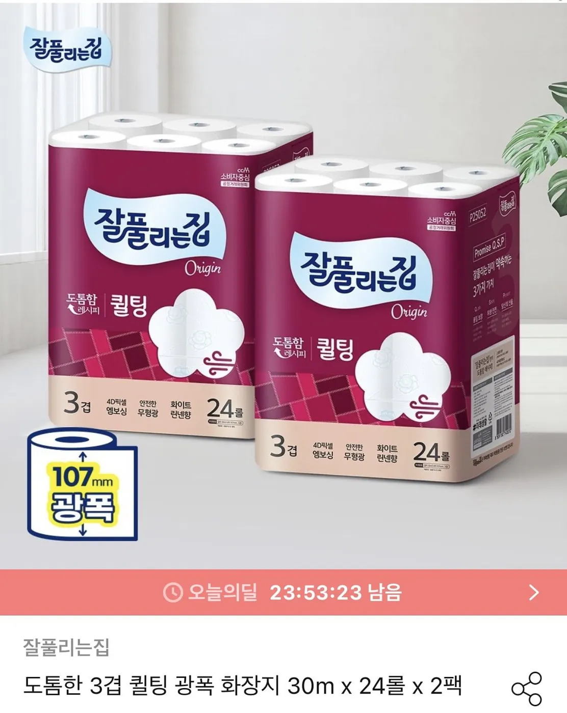 [오늘의집] 잘풀리는집 퀼팅 3겹 광폭(107mm) 화장지 30m x 24롤 x 2팩( 19,865원/무료)