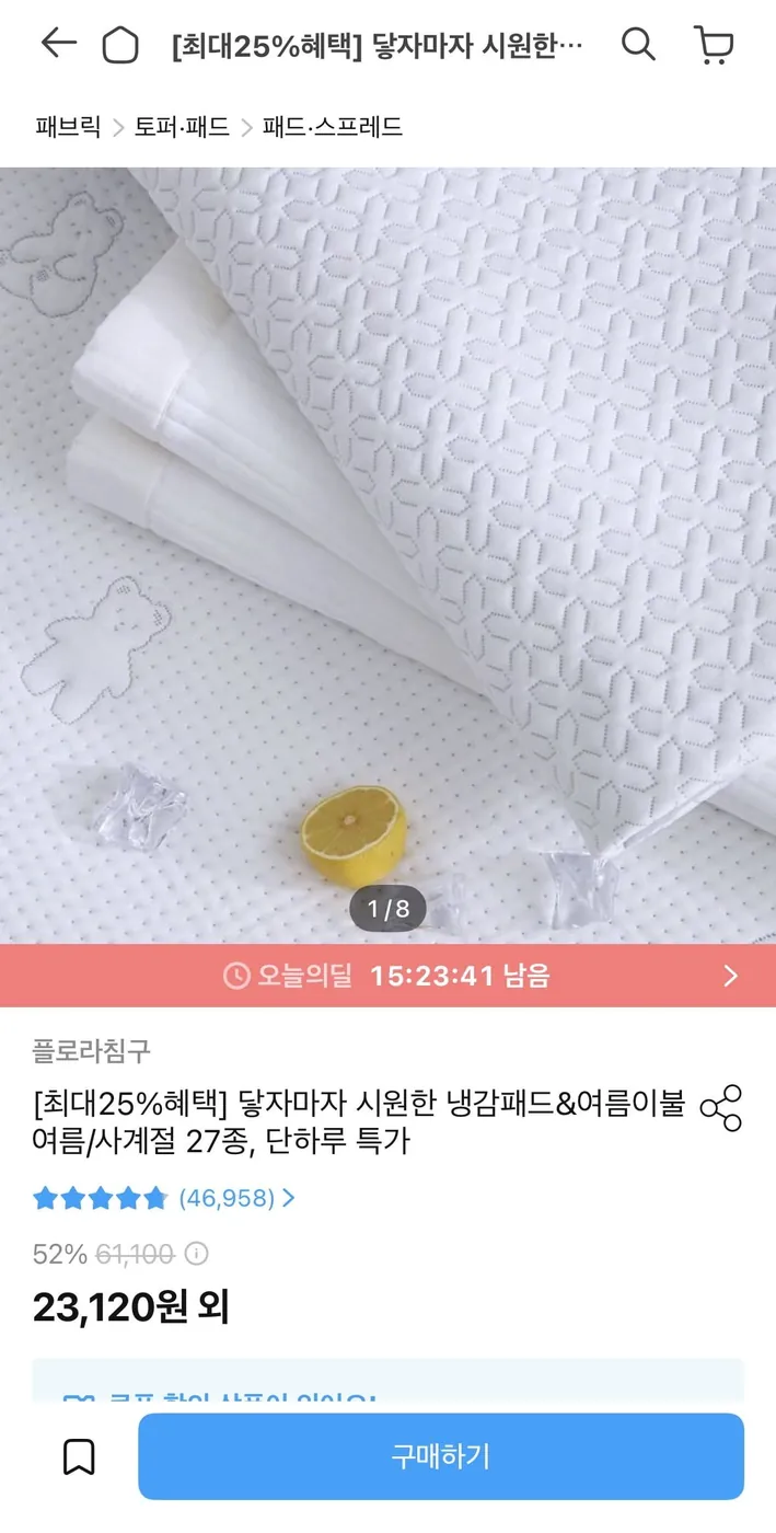 [오늘의집] 플로라 듀라론 고강도택 뽀송 냉감패드 SS (51,120원~/무료배송)