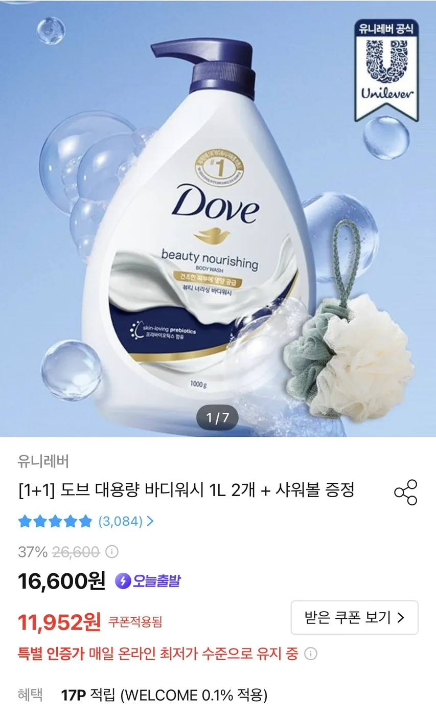 [오늘의집] 도브 대용량 바디워시 1L 2개 + 샤워볼 증정 (11,952원/무료)