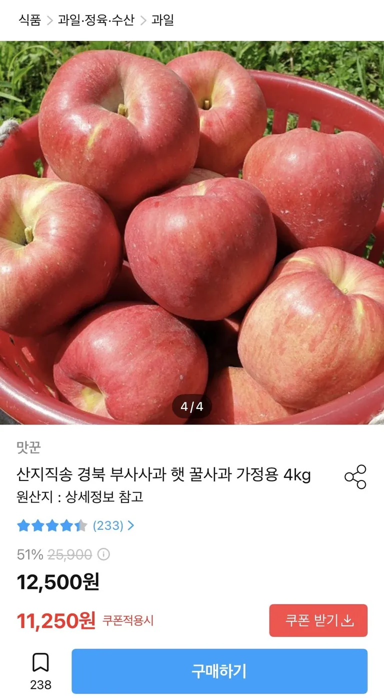 [오늘의집] 부사사과 4kg 소과 가정용 (11,250원/무료)