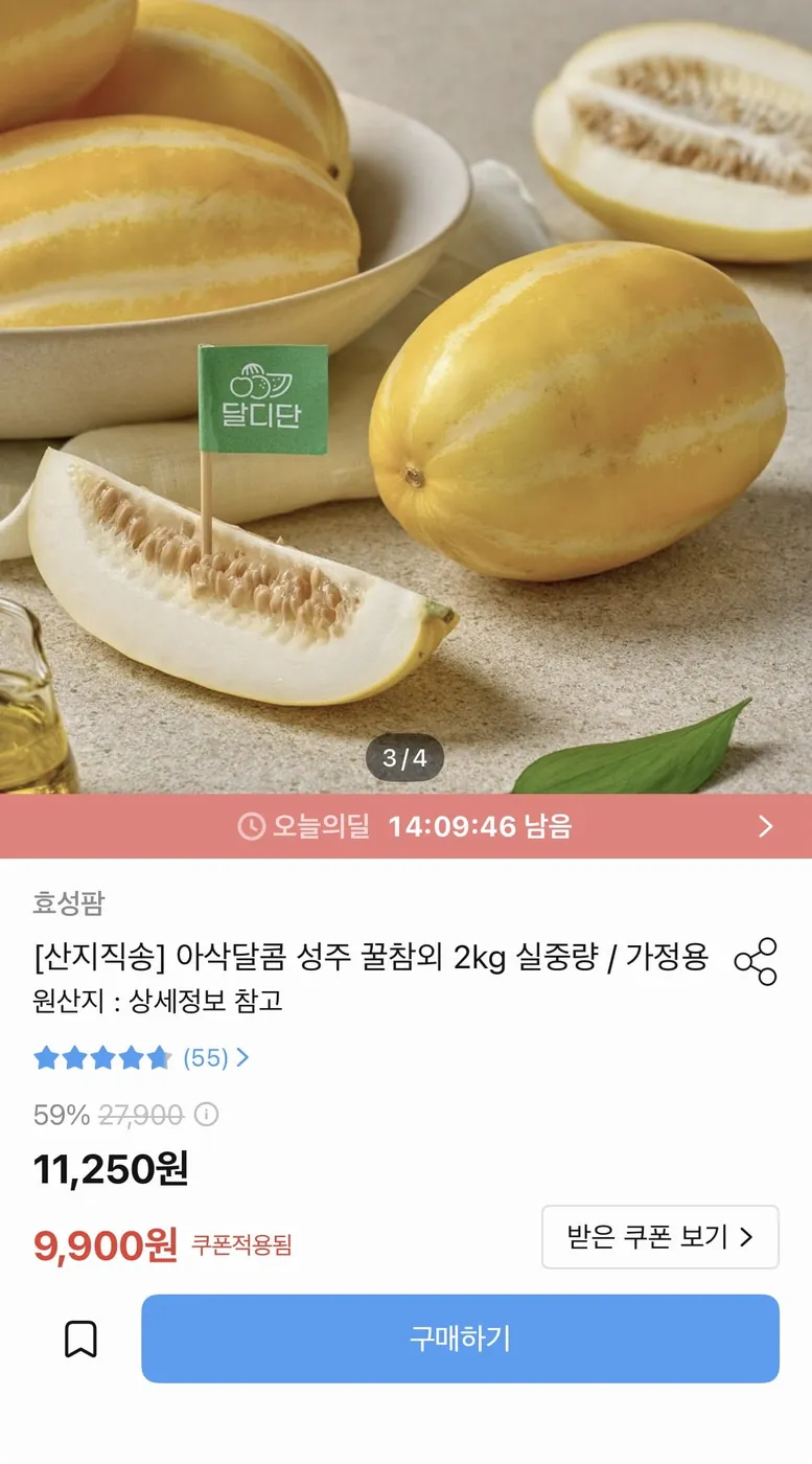 [오늘의집] 산지직송 성주 꿀참외 2kg 실중량 (9,900원/무료)