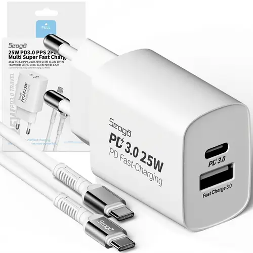 [토스쇼핑] 서가 25W PD3.0 PPS 2포트 멀티 초고속 충전기, SG-PDC2500A, 화이트, 1개 + 60W PD CtoC 고급형 케이블, 1개 (6,365원 / 무료)