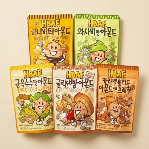 [토스쇼핑] HBAF 시즈닝 아몬드, 허니버터 120g 1개 + 와사비 120g 1개 + 군옥수수 120g 1개 + 마늘빵 120g 1개 + 카라멜 120g 1개, 1세트 (13,900원 / 무료)