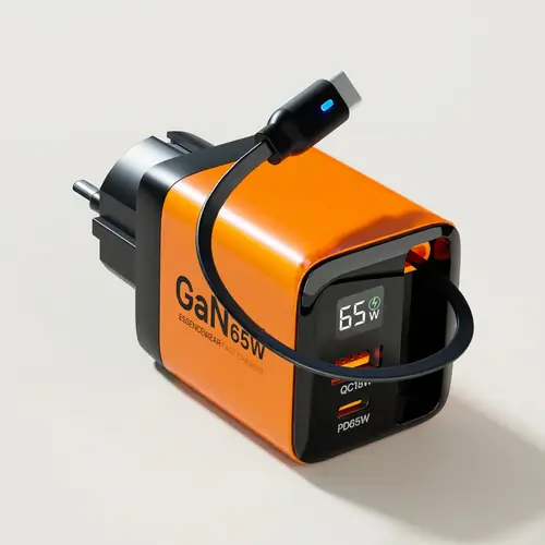 [토스쇼핑] 에센스웨어 GaN PD PPS 65W 2포트 릴케이블 일체형 접지 LCD 초고속 멀티 충전기, 오렌지, 1개 (19,920원 / 무료)