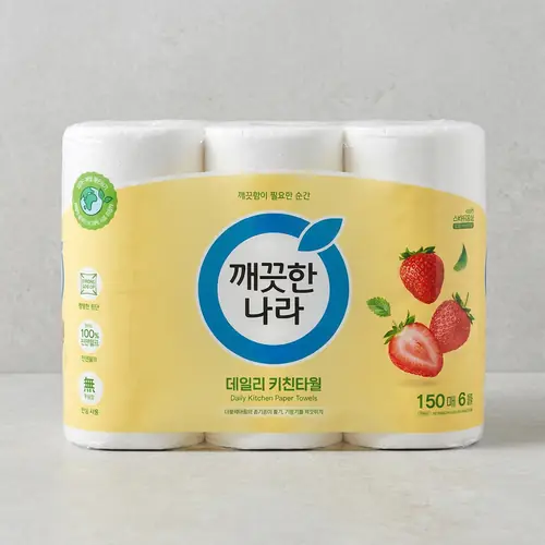 [토스쇼핑] 깨끗한나라 데일리 키친타월, 150매, 6롤, 1팩 (6,900원 / 무료)