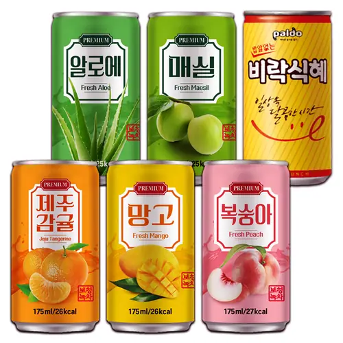 [토스쇼핑] 미니캔 과즙음료 혼합세트, 제주감귤 10캔 + 복숭아 10캔 + 망고 10캔 + 알로에 10캔 + 매실 10캔 + 비락식혜 10캔 + 메세지스티커, 175ml, 1세트 (21,970원 / 무료)