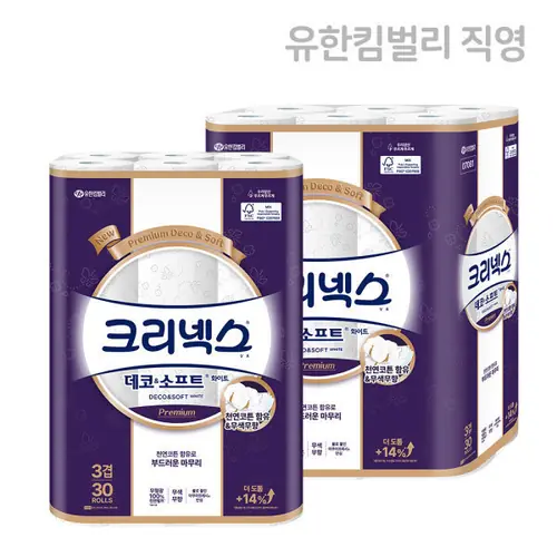 [옥션] 크리넥스 3겹 데코앤소프트 화이트 25MX30롤+30롤 (28,550원/무배)